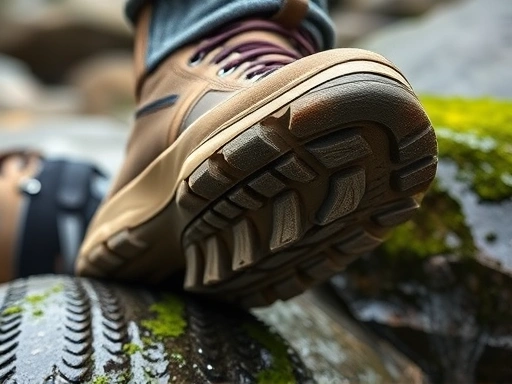 A close-up of a hiker's boot outsole on a wet, moss-covered rock, clearly showing the lug pattern biting into the surface, emphasizing superior grip and traction in challenging terrain.