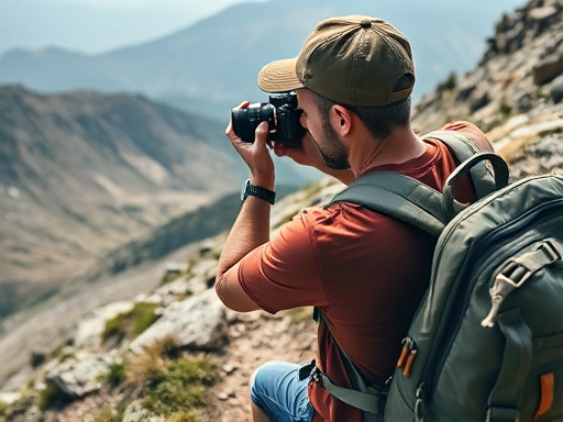 A high-angle shot of a hiker taking a photo with a protected camera on a mountain trail, with a durable camera bag visible, emphasizing safety and outdoor photography.
