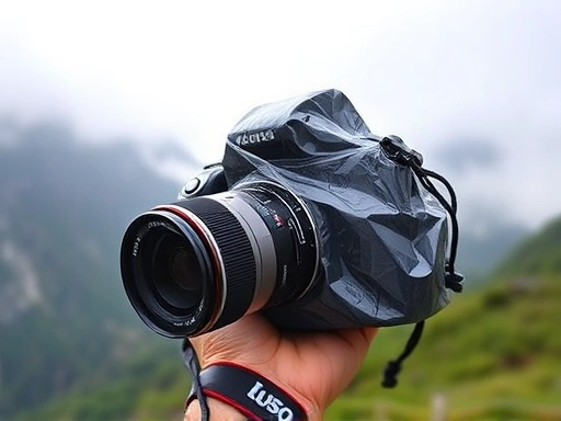 Close-up view of a hand holding a camera protected by a waterproof rain cover, with a backdrop of misty mountain landscape, highlighting essential camera accessories for hiking.