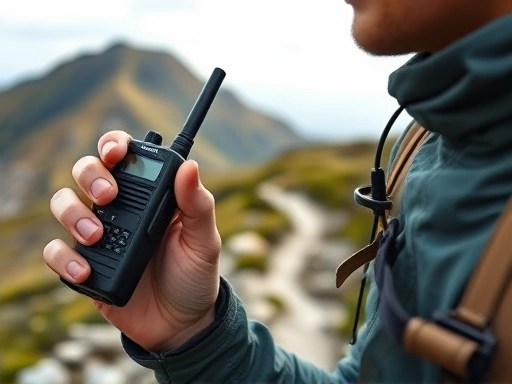 Close-up shot of a hiker using a walkie-talkie on a mountain, blurred background of trails, emphasizing reliable communication tools and their practical application during a challenging hike.