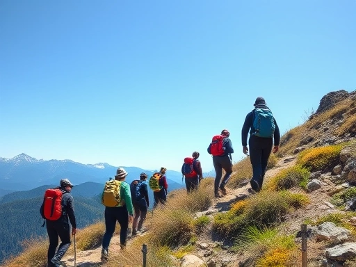 A diverse group of hikers ascending a scenic mountain trail under clear skies, showing teamwork and enjoyment, with focus on natural environment and shared experience. 