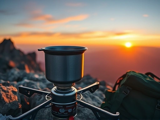 A high-angle shot of a lightweight hiking cooking pot and a compact gas stove boiling water on a rocky mountain peak at sunset, with a backpack nearby, emphasizing adventure and efficiency.