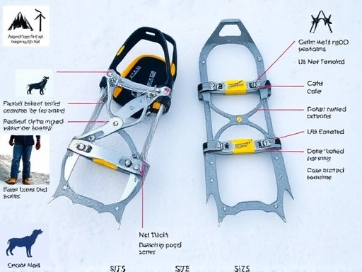 A detailed side-by-side comparison image of mountaineering crampons and chain spikes, laid out on a snowy ground with clear labels, showing their distinct features and sizes for hiking safety equipment. Focus on the metal points and attachment systems.
