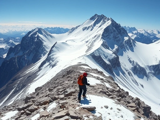 A wide shot of hikers navigating a challenging mountain terrain with snow and rocky slopes, emphasizing safety and awareness, showing potential crevasse and rockfall areas under a clear sky, highlighting mountain safety.
