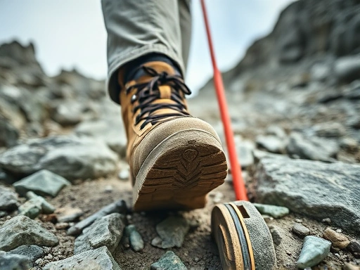 Close-up on a hiker's feet on a rocky trail, with a safety rope visible, demonstrating careful step placement and awareness of unstable ground, focus on hiking boots and essential safety gear.