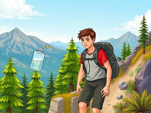 A detailed illustration of a hiker on a mountain trail, looking tired but determined, with a clear sky and lush green trees, highlighting the importance of hydration. Focus on the natural environment and the hiker's physical state.