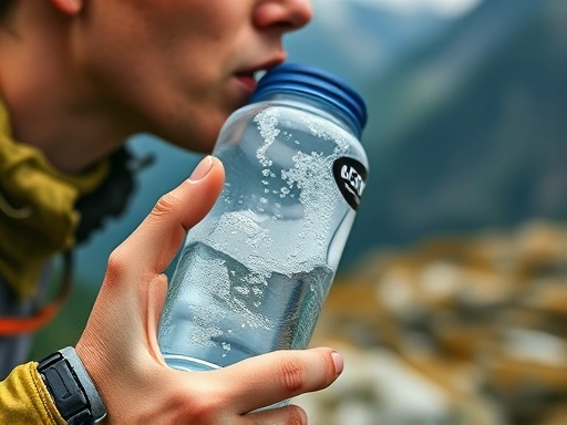 A close-up shot of a hiker's hand holding a water bottle with condensation, emphasizing the need for hydration, set against a blurred background of a mountain landscape. Focus on the action of drinking and the refreshing water.