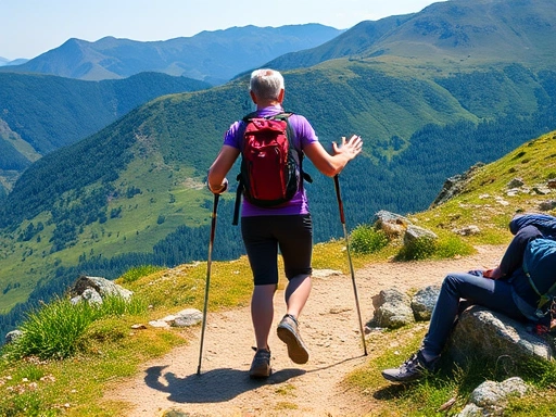 A person safely descending a mountain trail, demonstrating good posture with bent knees and using trekking poles, sunny weather, lush green mountain background.