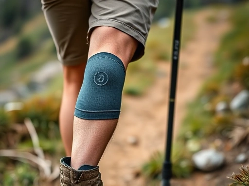 Close-up shot of a hiker's knees and lower legs, showing correct knee angle and placement of a knee brace or trekking pole, with blurred trail in background.