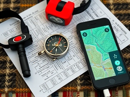 Close-up of essential hiking emergency kit items neatly laid out: a whistle, a headlamp, a paper map, a small compass, and a fully charged smartphone with a GPS map on its screen.