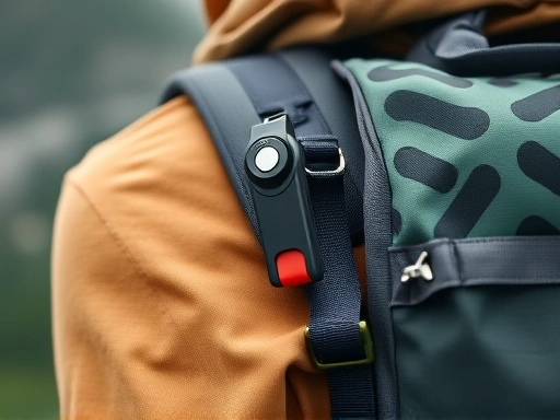 A close-up shot of a hiker's backpack, with an emergency whistle clearly attached to the shoulder strap, symbolizing preparedness for mountain safety.
