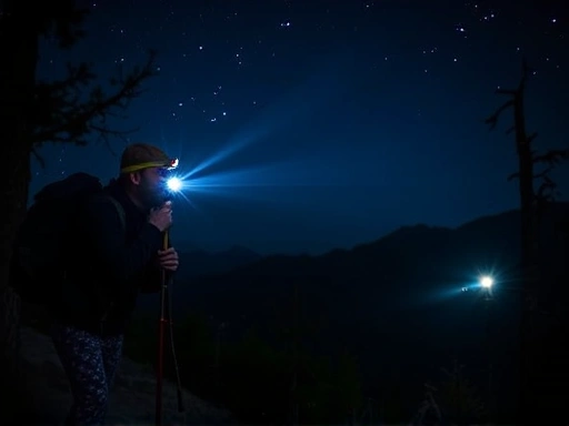 A vibrant image showing a hiker at night, using a headlamp to flash an SOS signal towards a distant, faint light, conveying hope and emergency communication in the wilderness.