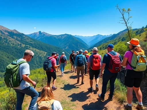 A diverse group of hikers on a scenic mountain trail, observing proper etiquette like keeping distance, not littering, and enjoying nature responsibly, with clear blue sky and lush greenery, bright and inviting, wide angle.