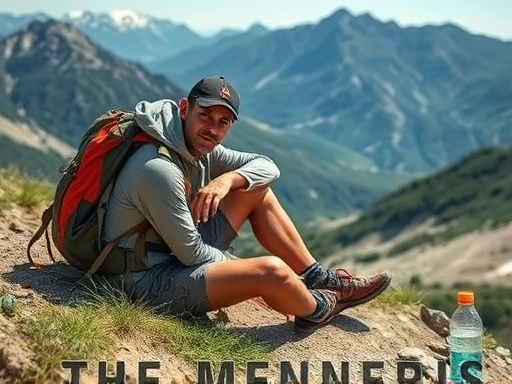 A hiker resting on a mountain trail, looking exhausted but also relieved, with a water bottle nearby. The scene is bright and natural, reflecting safety and preparedness.