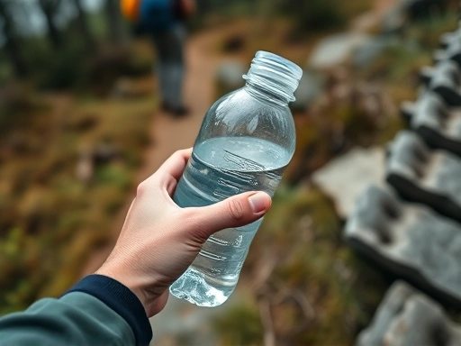Close-up of a person's hand holding a clear water bottle, with blurred background of a hiking trail. Focus on hydration and the urgency of the situation.