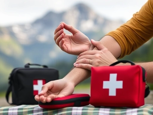 A person carefully applying a bandage to a simulated wound on an arm, with a first aid kit visible nearby, set against a blurred scenic mountain backdrop. Focus on the action of basic first aid treatment. 