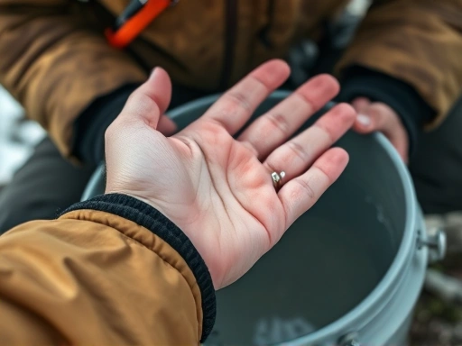 A close-up shot of a hiker's hand, numb and pale from frostbite, being carefully warmed by a companion using warm water in a basin. Emphasize care, caution, and cold environment elements.