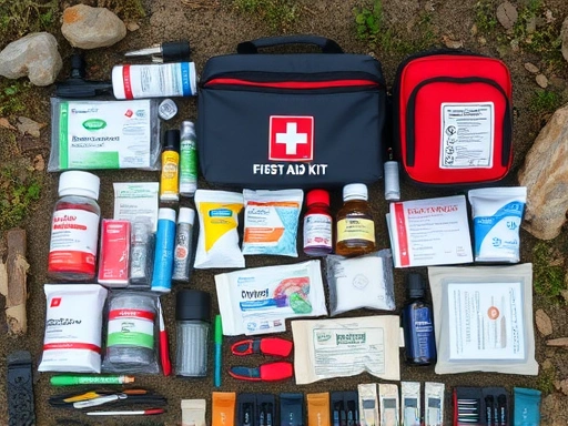 A detailed flat lay of a well-organized hiking first aid kit, including various medications, bandages, and small tools, on a natural outdoor background, with a focus on preparedness and safety.