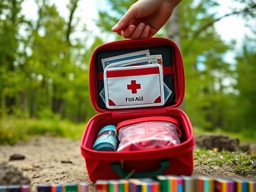 A close-up shot of a well-organized first aid kit being opened on a hiking trail, with lush green trees in the background. Emphasize preparedness and safety for hikers and first aid. 