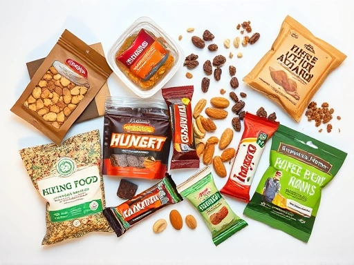 A detailed flat lay of various hiking action foods on a minimalist background, including energy bars, chocolates, nuts, dried fruits, and jerky, emphasizing their compact size and variety for on-the-go nutrition.