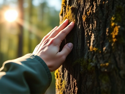 A close-up of a hiker's hand gently touching moss on a tree in a sun-dappled forest, showing the intricate details of nature and a sense of calm connection, with soft focus on the background and a warm, inviting atmosphere.