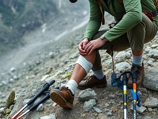A focused shot of a hiker with a leg injury, a companion applying an improvised splint with trekking poles and bandages in a mountainous, rocky trail setting, emphasizing immediate action and care.