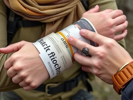 A close-up view of a secure splint on a hiker's arm, made from an improvised material like a rolled-up newspaper and secured with a scarf, showing proper immobilization technique and careful handling.