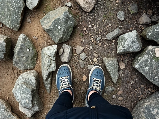 A detailed top-down view of a hiker's feet on a varied mountain trail, showing the careful foot placement and the path ahead, with SEO keywords like 