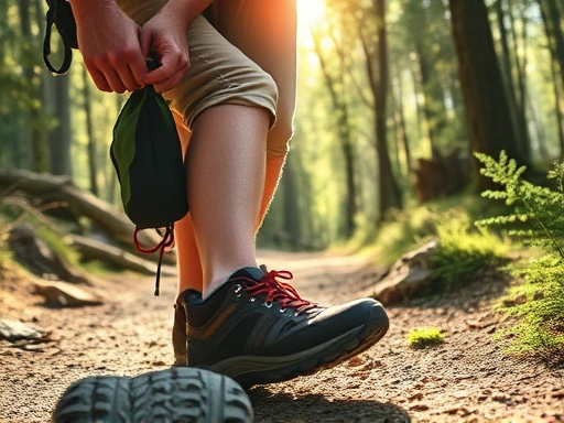 A hiker carefully inspecting their backpack and hiking boots on a natural, scenic trail, sunlight filtering through trees, focusing on attention to detail for gear safety.