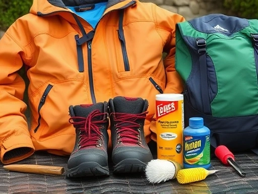 A focused shot of various hiking gear including a waterproof jacket, boots, and a backpack, laid out neatly with cleaning tools like brushes and specialized detergents, suggesting thorough maintenance. Vibrant colors and outdoor setting.