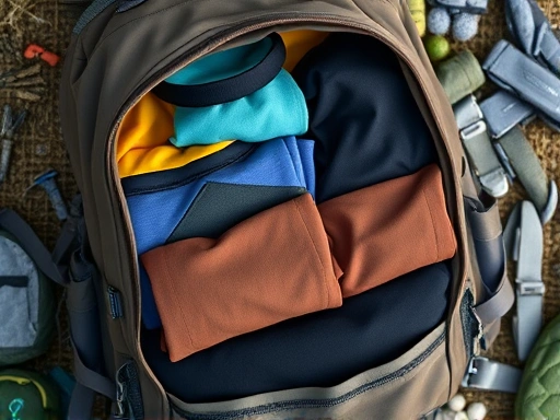 A high-angle shot of a neatly organized hiking backpack, showing folded compression apparel and base layers, with the essence of efficiency and readiness for a mountain trek, natural light, soft textures.