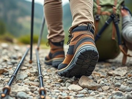 A focused shot of a hiker's essentials: sturdy hiking boots on a rocky trail, a comfortable backpack, and trekking poles, symbolizing preparation and safety in nature.
