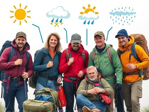 A diverse group of hikers confidently preparing their gear, with various weather symbols like sun, clouds, rain, and snow floating around them, symbolizing different conditions. Focus on practicality and readiness.
