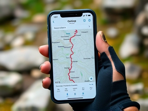A close-up shot of a smartphone screen displaying an offline hiking map with a tracked route, held by a hand wearing a hiking glove, showing precision and detail for navigating rugged terrain with GPS technology.