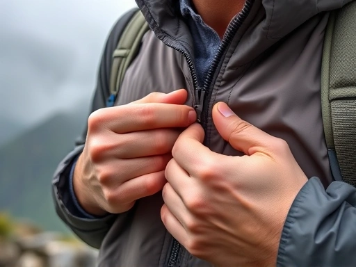 Close-up on a hiker's hands adjusting a waterproof jacket zipper, with raindrops visible and a misty, foggy mountain backdrop, emphasizing resilience and attention to detail in challenging weather.