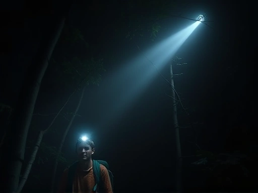 A high-angle shot of a hiker with a bright headlamp illuminating a dense, dark forest path at night, showing the strong beam cutting through trees and fog, emphasizing visibility and safety with a focus on hiking. 