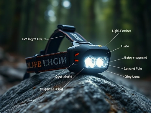 Close-up shot of a modern headlamp on a rock, showing its multiple light modes and battery indicator, with a blurred forest background, highlighting headlamp features, battery management, light modes, and hiking gear.