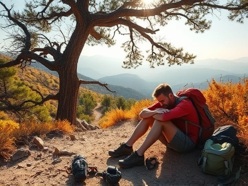 A hiker looking distressed and resting under a tree on a hot, sunny mountain trail, emphasizing the need for immediate rest and shade when facing heat exhaustion or stroke symptoms during hiking.