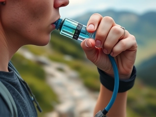 A close-up shot of a hiker's hand holding a hydration pack hose with a bite valve, drinking water against a blurred background of a scenic mountain trail, emphasizing hydration and convenience in nature.
