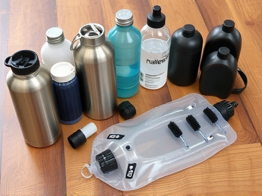 A detailed view of various hiking water bottles (Nalgene, stainless steel, collapsible) and a disassembled hydration bladder with cleaning brushes, neatly arranged on a wooden table, highlighting maintenance and options for adventurers.