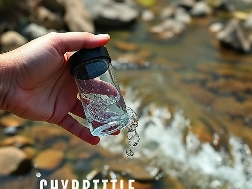 A close-up shot of a hand holding a portable water filter, demonstrating its use to purify water from a clear mountain stream, with water droplets visible and sparkling, highlighting practical hydration solutions on a hiking trail.