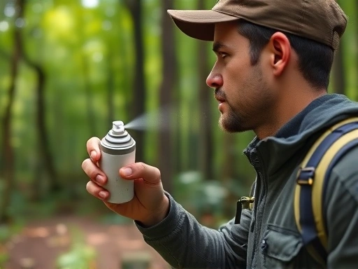 A hiker applying insect repellent in a lush forest, with visible mist from the spray, showing a sense of protection and nature. Focus on a clear, well-lit scene, including a hiking backpack in the background.
