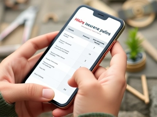 A close-up shot of hands holding a smartphone, displaying a clear comparison table or checklist for different hiking insurance plans, highlighting the importance of wise decision-making. Include subtle outdoor elements like a compass or small plant in the background.