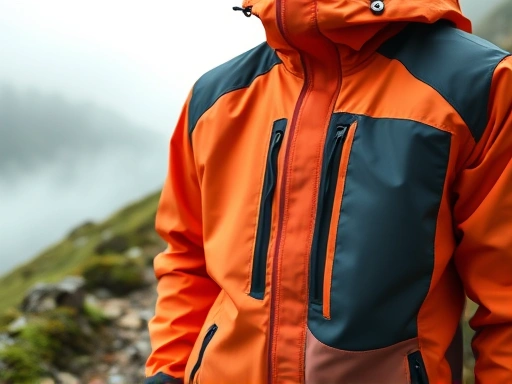 A high-angle shot of a vibrant, high-tech hiking jacket with visible waterproof textures and breathable fabric details, set against a blurred background of a misty mountain trail, emphasizing outdoor performance and weather protection.