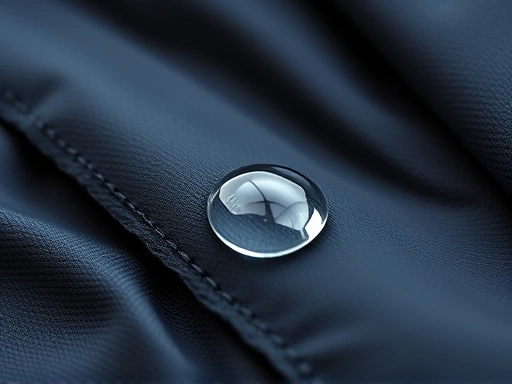 A close-up shot focusing on the intricate membrane structure and a water droplet beading up on the surface of a waterproof and breathable hiking jacket, with a focus on fabric technology and texture, illustrating water repellency and moisture vapor transfer.