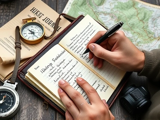 A close-up, detailed shot of a hand actively writing notes in a worn hiking journal. Beside the journal, there is a classic compass, a folded trail map, and a small camera lens, emphasizing the thorough aspects of recording a hike.