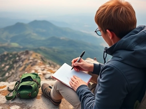 A person is sitting on a serene mountain peak, overlooking a vast, beautiful landscape, diligently writing in a small notebook with a pen. Hiking gear is neatly placed around, conveying a sense of accomplishment and reflective journaling in nature.