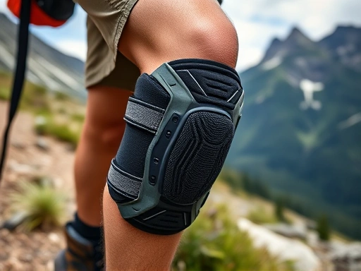 Close-up on a hiker's knee, showing the correct way to wear a knee pad, with detailed straps and fabric, amidst a scenic mountain trail, highlighting proper fit and protection.
