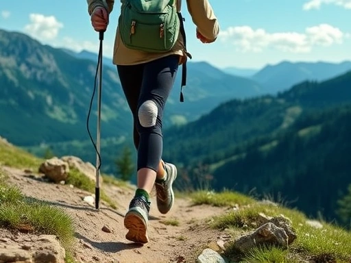 A person hiking on a scenic mountain trail, wearing a subtle, effective knee brace, demonstrating comfort and support during outdoor activity. The scene should convey a sense of adventure and well-being.