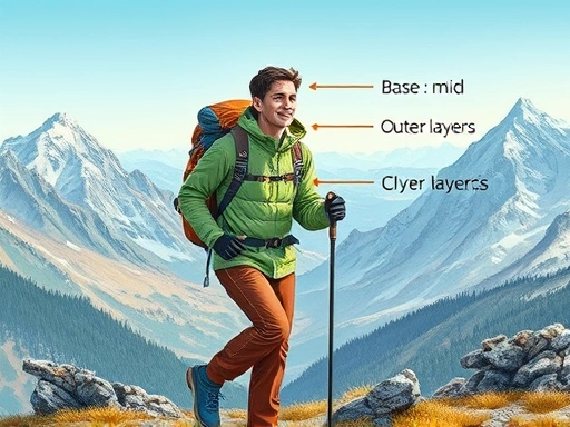A detailed illustration of a person hiking in mountains, demonstrating a clear layering system with base, mid, and outer layers visible, indicating effective body temperature regulation. The scene is bright and highlights different fabric textures.